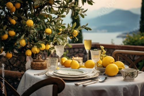 Cozy outdoor dining setup with Italian appetizers and lemon decor, embodying Amalficore photo