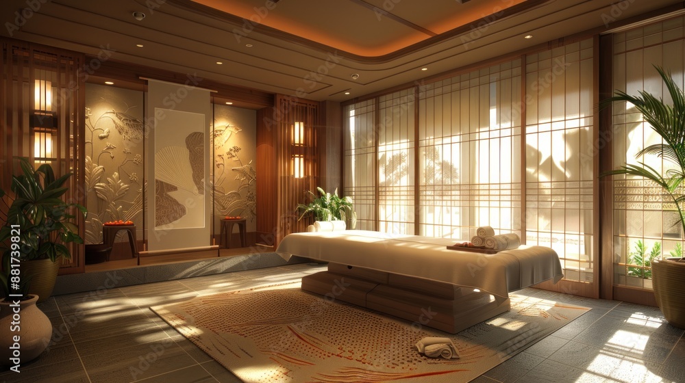 A tranquil spa beauty salon room designed for body treatments. The room features a massage table, ambient lighting, and relaxing decor, creating an ideal space for therapies like aromatherapy or hot A tranquil spa beauty salon room designed for body treatments. The room features a massage table, ambient lighting, and relaxing decor, creating an ideal space for therapies like aromatherapy or hot