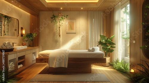 A serene spa beauty salon room dedicated to holistic treatments. The space features comfortable treatment beds, ambient lighting, and soothing decor, creating a peaceful environment for therapies photo