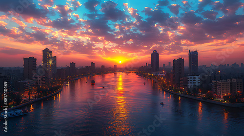 River surrounded by city at sunset. Generative AI illustration 