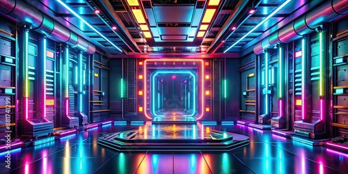 Futuristic cybernetic base in vibrant neon hues , technology, digital, futuristic, neon, colorful, glowing