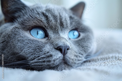 Close-Up of Grey Cat with Striking Blue Eyes Relaxing on Soft Surface. photo