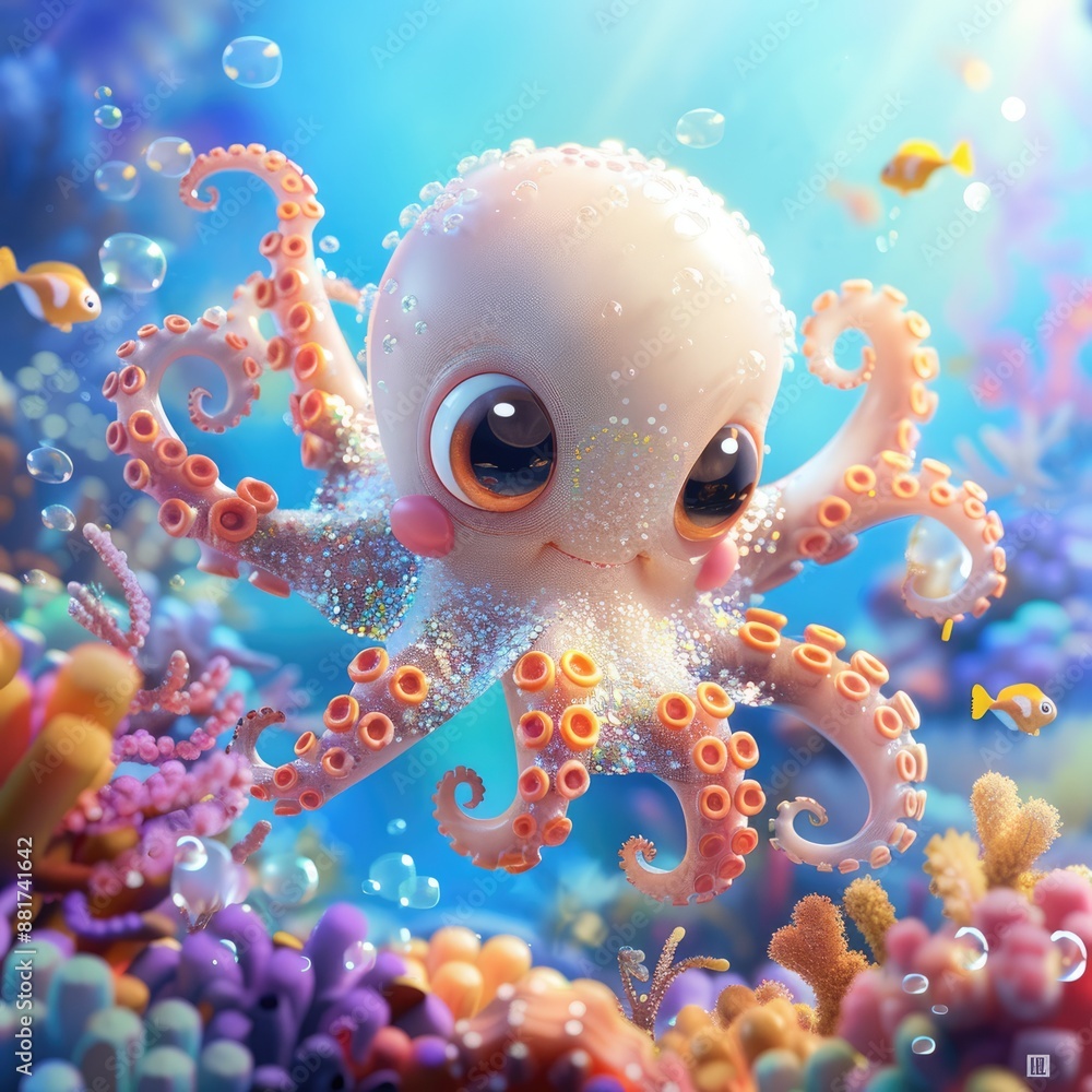 Cute Sparkling Octopus in Coral Reef Cute Sparkling Octopus in Coral Reef