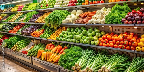Fresh organic vegetables displayed at a supermarket , produce, grocery, healthy, market, selection, variety, colorful, nutrition