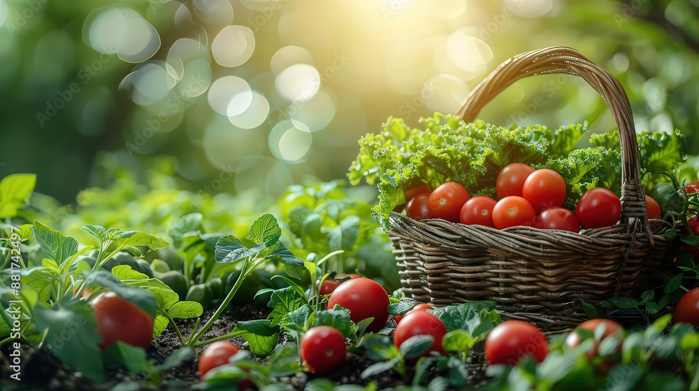 Basket of fresh tomatoes and greens in a garden, illuminated by sunlight, surrounded by lush foliage. Perfect for themes of nature and organic farming. Basket of fresh tomatoes and greens in a garden, illuminated by sunlight, surrounded by lush foliage. Perfect for themes of nature and organic farming.