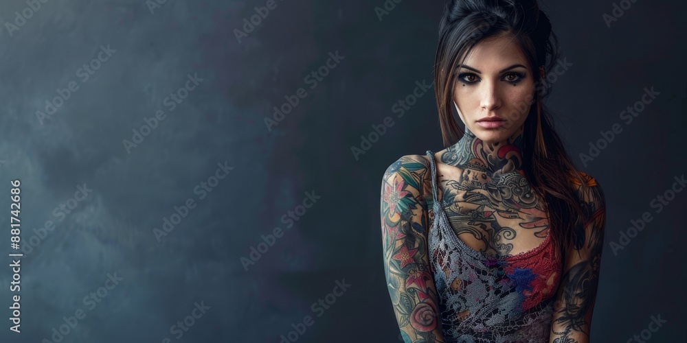 A woman with tattoos on her arms and neck stands in front of a grey wall A woman with tattoos on her arms and neck stands in front of a grey wall
