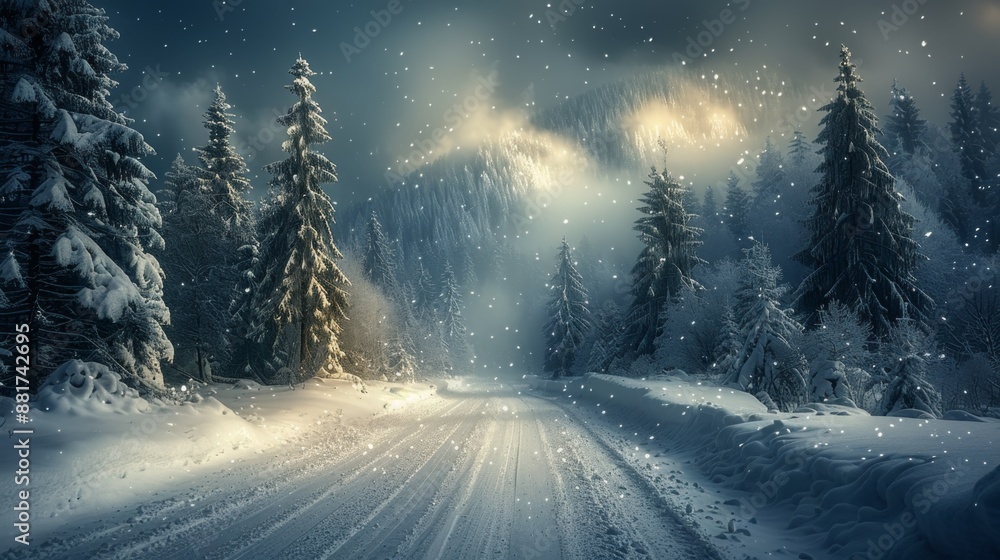 Winter Wonderland Road with Snow-Covered Trees - Generative AI Winter Wonderland Road with Snow-Covered Trees - Generative AI