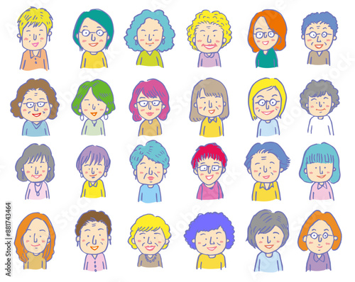 たくさんのカラフルなかわいい女性のイラスト