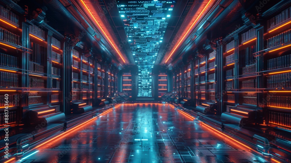 Futuristic Digital Library with Neon Lights - Generative AI Futuristic Digital Library with Neon Lights - Generative AI