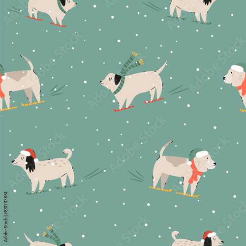 Festive Christmas seamless pattern with hand-drawn adorable dogs