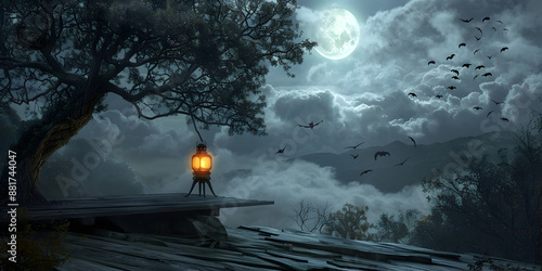 Wallpaper Mural Spooky Full Moon Night with Lantern   Eerie Halloween Scene Featuring an Old Tree, Bats, and Foggy Landscape Torontodigital.ca