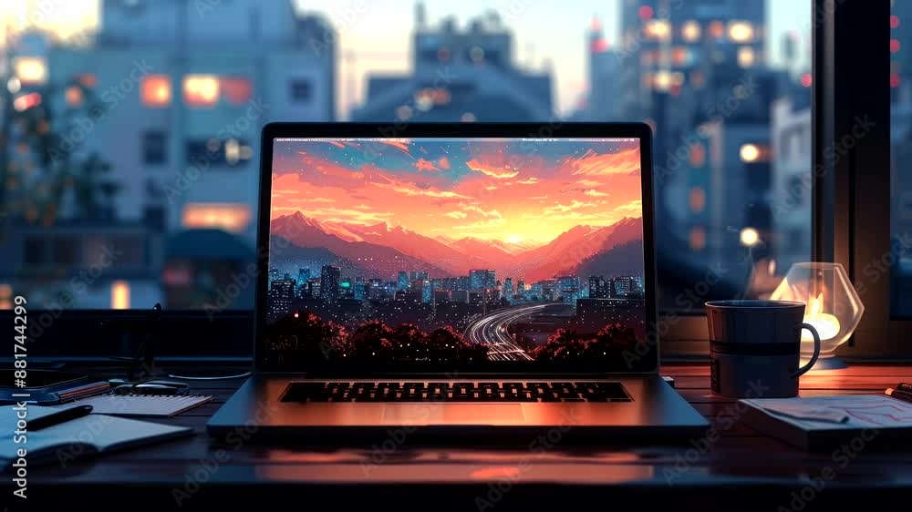 A laptop on a desk in a high-rise apartment, displaying a sunset cityscape. The room is dimly lit, creating a cozy ambiance with a modern urban feel. A laptop on a desk in a high-rise apartment, displaying a sunset cityscape. The room is dimly lit, creating a cozy ambiance with a modern urban feel.