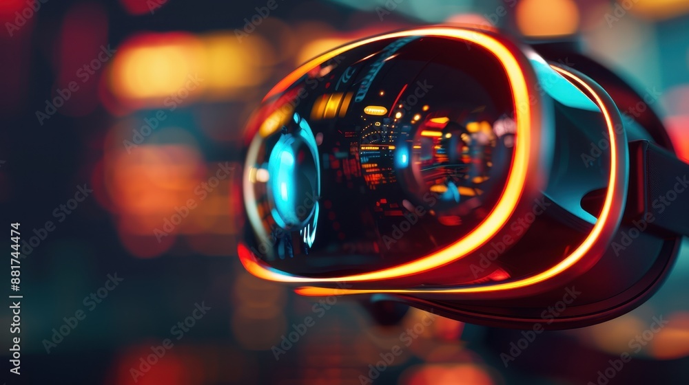 Futuristic VR Experience with Close-Up of Headset and Virtual Reflections Futuristic VR Experience with Close-Up of Headset and Virtual Reflections
