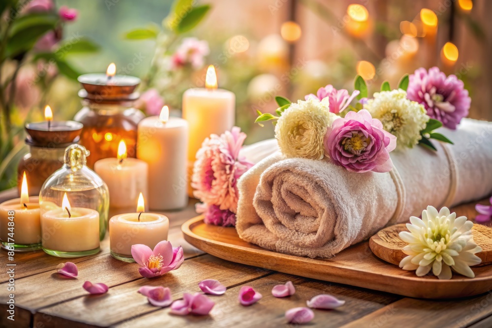 Serene spa setting with pastel flowers, candles, and essential oils, featuring a plush massage table, scented soaps, and soft towels for ultimate relaxation and rejuvenation. Serene spa setting with pastel flowers, candles, and essential oils, featuring a plush massage table, scented soaps, and soft towels for ultimate relaxation and rejuvenation.