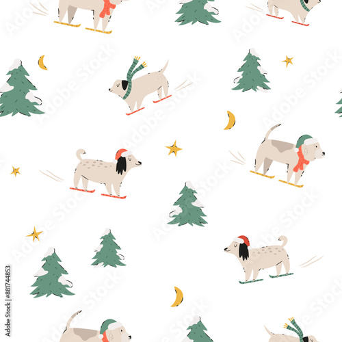 Festive Christmas seamless pattern with hand-drawn adorable dogs