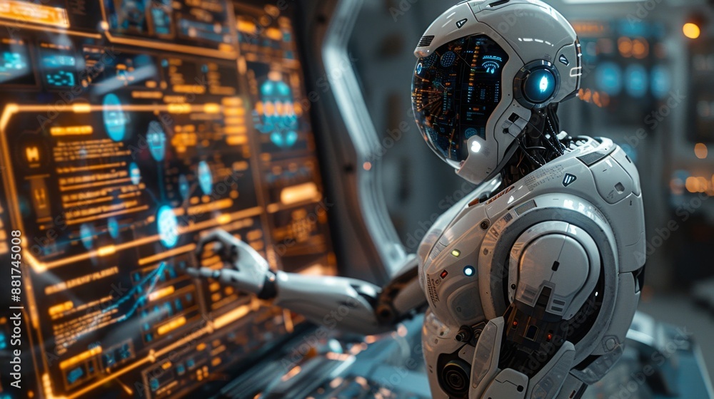 Fototapeta premium Futuristic Robot Working on Advanced Data Interface - Generative AI