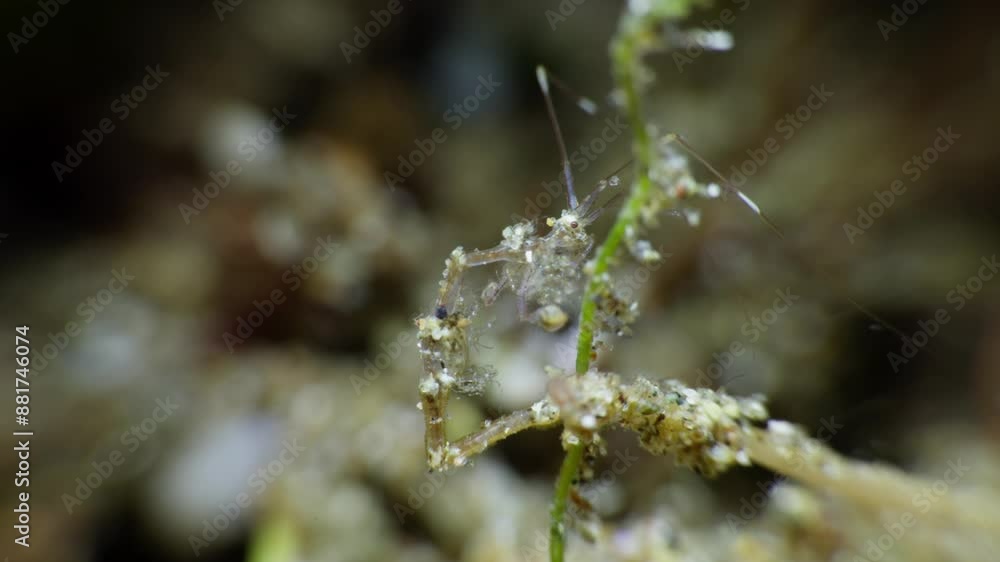 Female Skeleton Shrimp (Caprellidae) brooding juveniles as they hang onto her. Her brood pouch is visible. Anilao, Philippines 1 of 6 60fps Female Skeleton Shrimp (Caprellidae) brooding juveniles as they hang onto her. Her brood pouch is visible. Anilao, Philippines 1 of 6 60fps