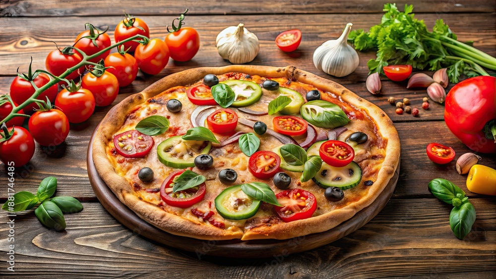 Delicious pizza topped with melted cheese and fresh vegetables, pizza, cheese, vegetables, food, Italian, tomato, peppers Delicious pizza topped with melted cheese and fresh vegetables, pizza, cheese, vegetables, food, Italian, tomato, peppers