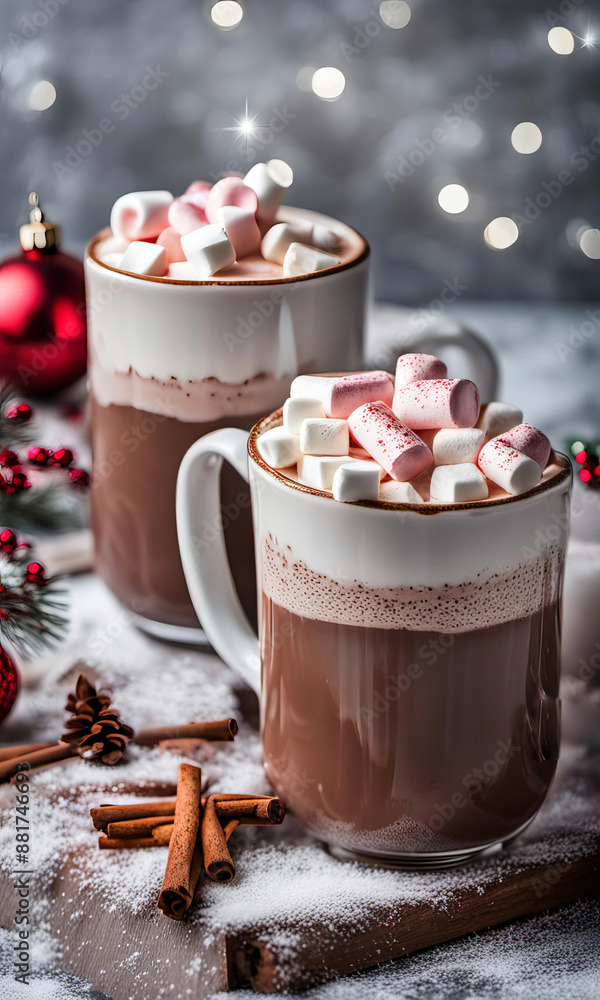 Two mugs of Hot chocolate with marshmallows and cinnamon on a Christmas background. Two mugs of Hot chocolate with marshmallows and cinnamon on a Christmas background.