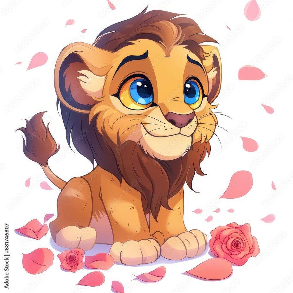 Fototapeta premium A Young Lion Cub Surrounded by Rose Petals