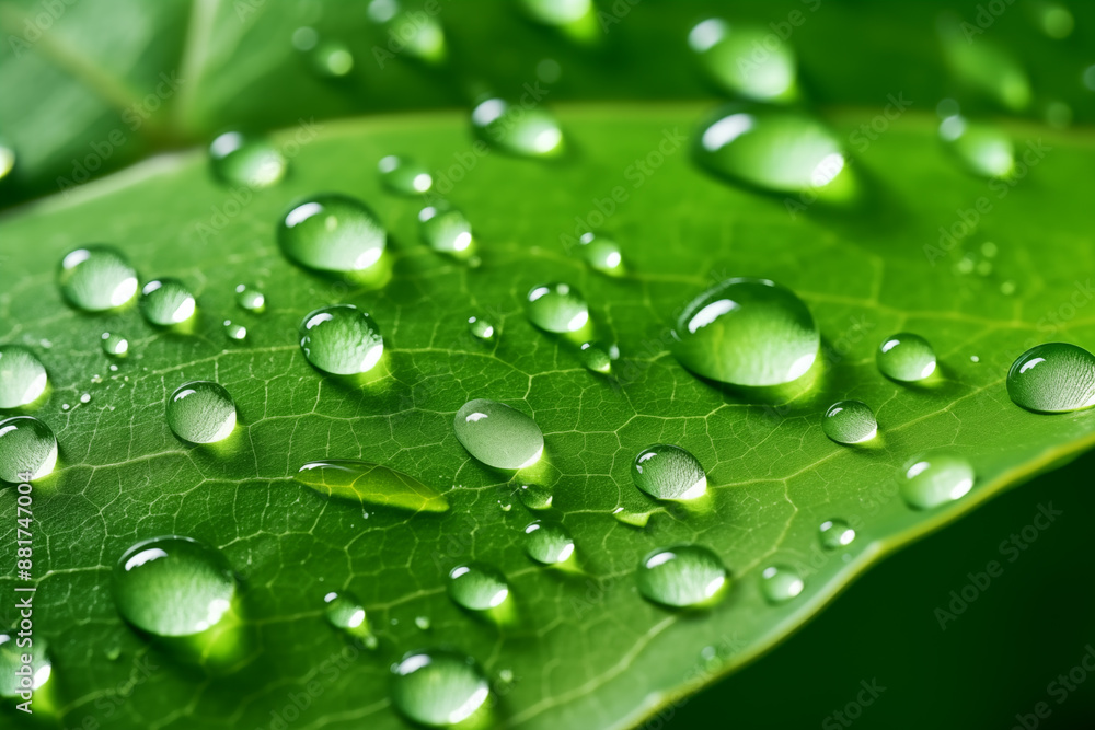 Close-up of fresh green leaf with water droplets, showcasing nature's purity and freshness. Close-up of fresh green leaf with water droplets, showcasing nature's purity and freshness.