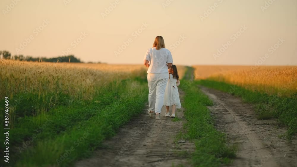 A little girl with her mother walks along a dirt road between wheat fields in the summer at sunset. A little girl with her mother walks along a dirt road between wheat fields in the summer at sunset.