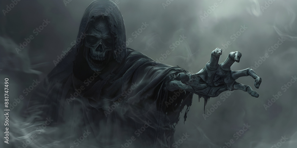 Chilling Grim Reaper Reaching Through Smoke Dark Halloween Night with Eerie Mist and Haunting Atmosphere Chilling Grim Reaper Reaching Through Smoke Dark Halloween Night with Eerie Mist and Haunting Atmosphere