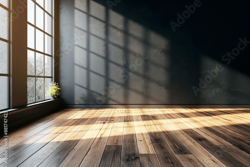 Empty room interior with large window  shadows on the wall  on a sunny day  concept of space. Generative AI