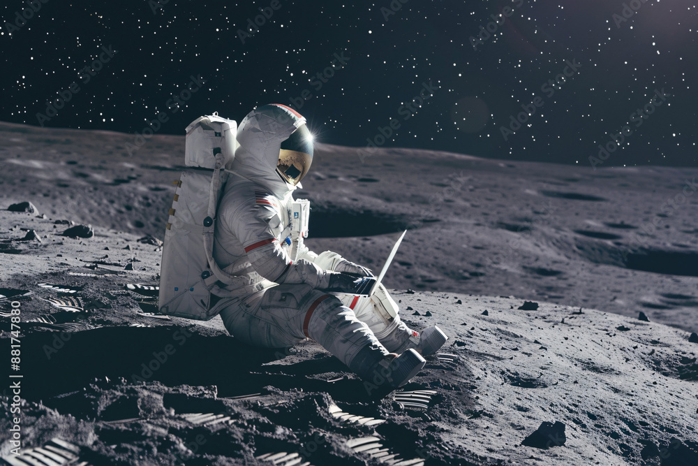 Naklejka premium A person is sitting on the moon and using a laptop computer, representing technology and solitude in outer space.