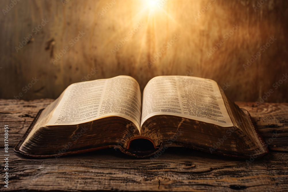 Obraz premium An old open book on a rustic table with rays of light shining on its pages creating an atmosphere of knowledge and history