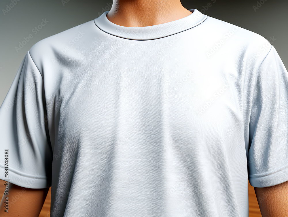 Close-up of a blank white t-shirt for design mockup, clean gray background, concept of branding identity. Generative AI