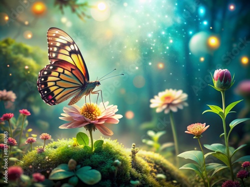 Whimsical fairy tale scene of a delicate butterfly perched on a flower, surrounded by lush greenery and soft focus, evoking nostalgic childhood fantasies. photo