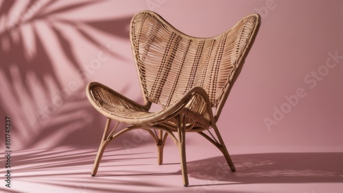 Tropical Boho Chic Wicker Chair with Pink Background. photo