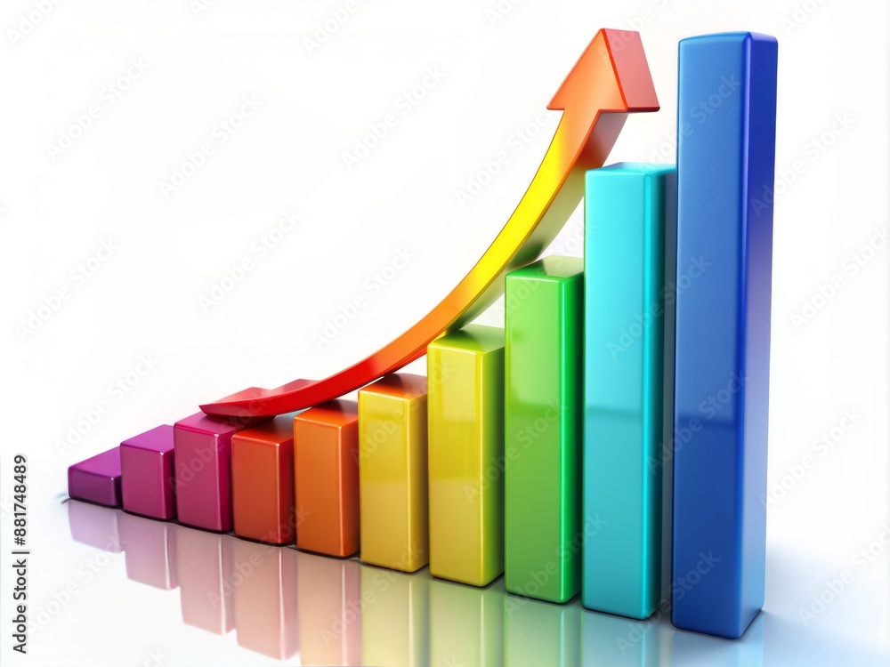 A colorful 3D bar graph chart illustrates soaring progress, with a prominent arrow pointing upwards, symbolizing significant growth and success in business or finance. A colorful 3D bar graph chart illustrates soaring progress, with a prominent arrow pointing upwards, symbolizing significant growth and success in business or finance.