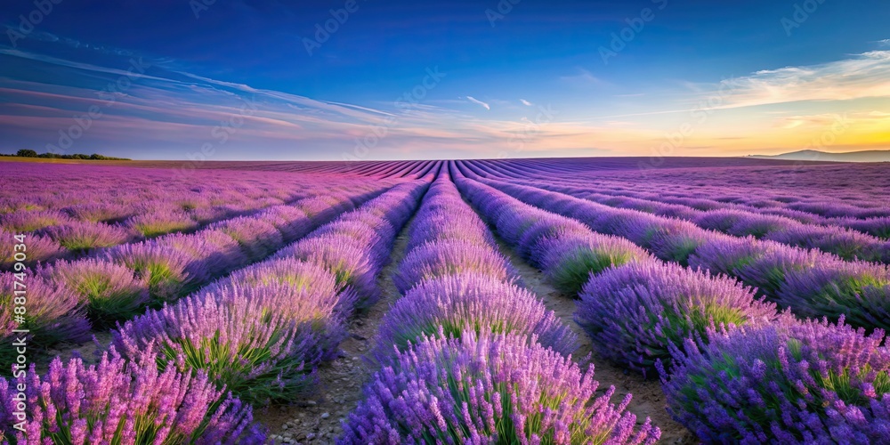 Obraz premium Endless lavender fields under a clear sky, lavender, fields, nature, landscape, agriculture, purple, flowers, plants, scenic