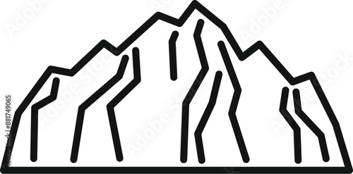 Black and white line art of a mountain range with cracks running down the side