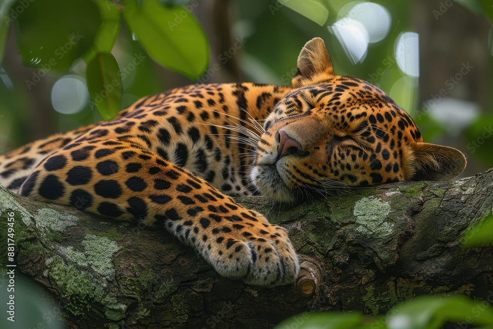 A Sri Lankan leopard resting on a tree branch, its golden coat with black spots and rosettes blending seamlessly with the forest surroundings.