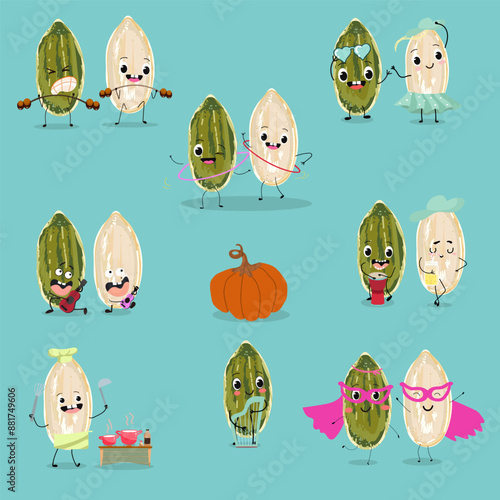 Cute  pumpkin seeds, characters,  funny nuts, funny vegetables characters set, collection. Flat vector illustration. Activities, playing musical instruments, sports, funny nuts.