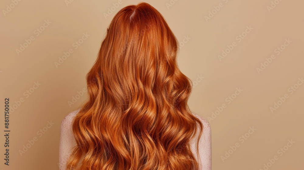 Fototapeta premium Closeup view of a bunch of shiny curls red hair,Portrait of a beautiful girl with luxurious curly long red hair,Back view,Fashion, beauty and makeup portrait,copy space.