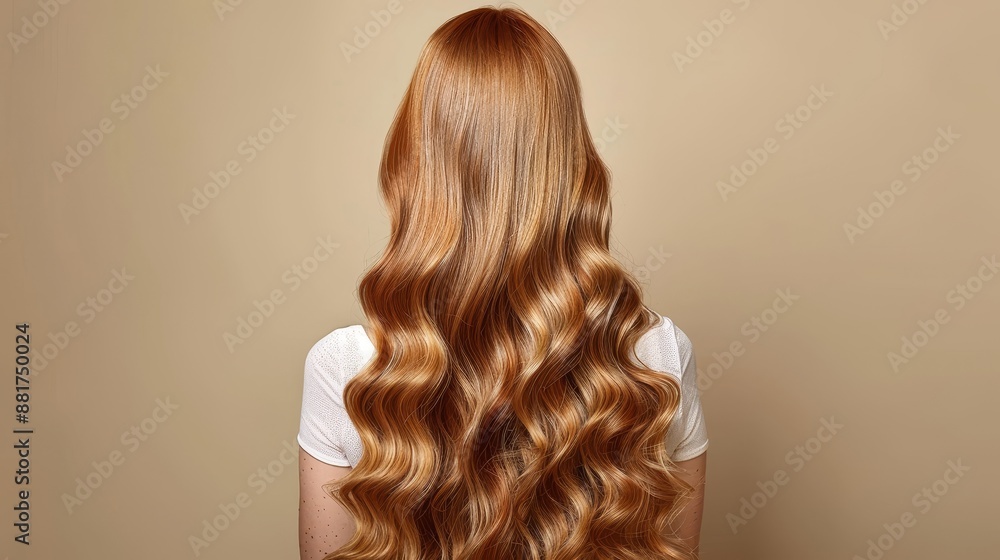 Naklejka premium Closeup view of a bunch of shiny curls red hair,Portrait of a beautiful girl with luxurious curly long red hair,Back view,Fashion, beauty and makeup portrait,copy space.