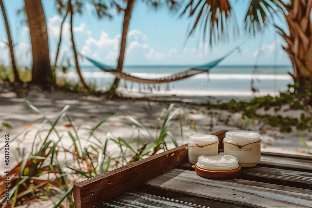 Cream jars with a towel on a wooden tray on the beach Cream jars with a towel on a wooden tray on the beach