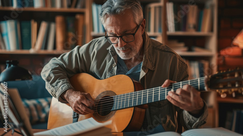 Serene Senior Man Learning Guitar in Cozy Living Room