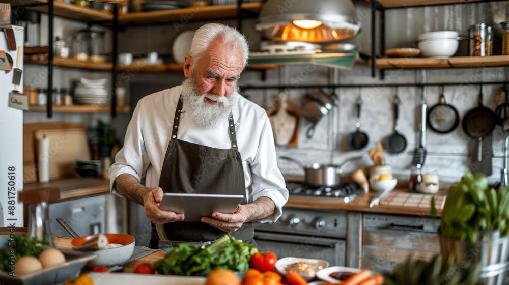 Senior Man Embracing Culinary Adventure: Learning to Cook with Technology in Modern Kitchen Senior Man Embracing Culinary Adventure: Learning to Cook with Technology in Modern Kitchen