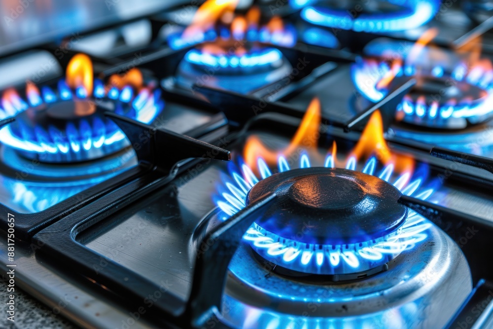 Closeup of modern gas stove burning blue flames on kitchen Closeup of modern gas stove burning blue flames on kitchen