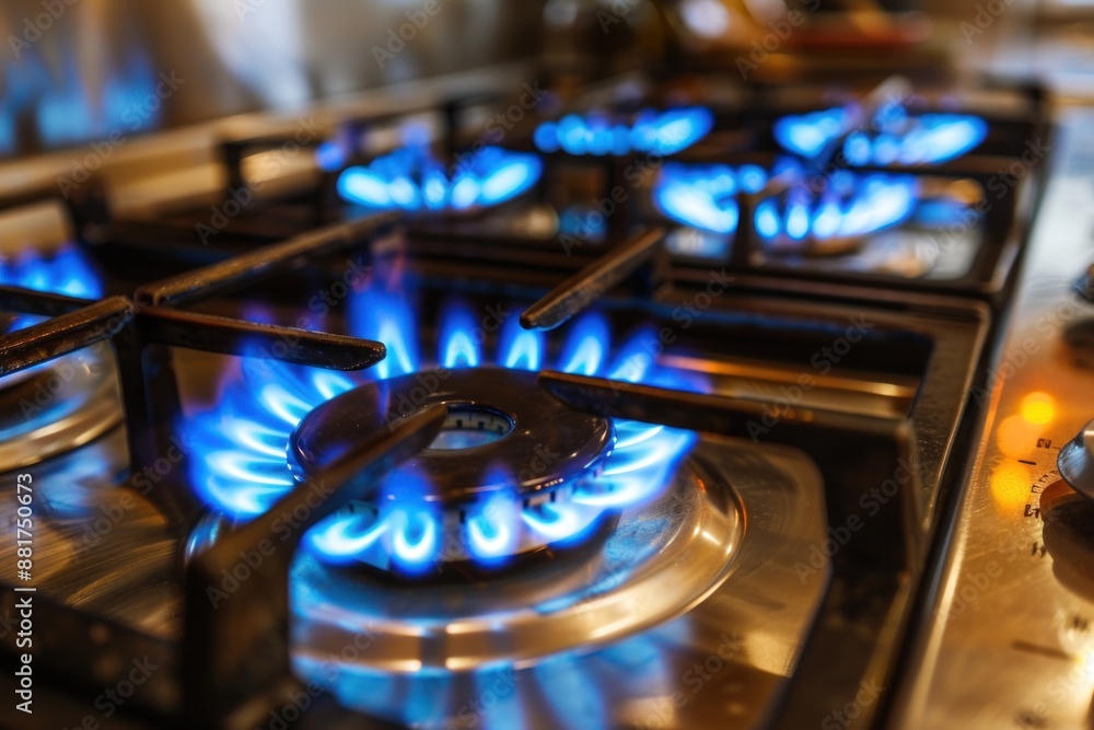 Closeup of modern gas stove burning blue flames on kitchen Closeup of modern gas stove burning blue flames on kitchen