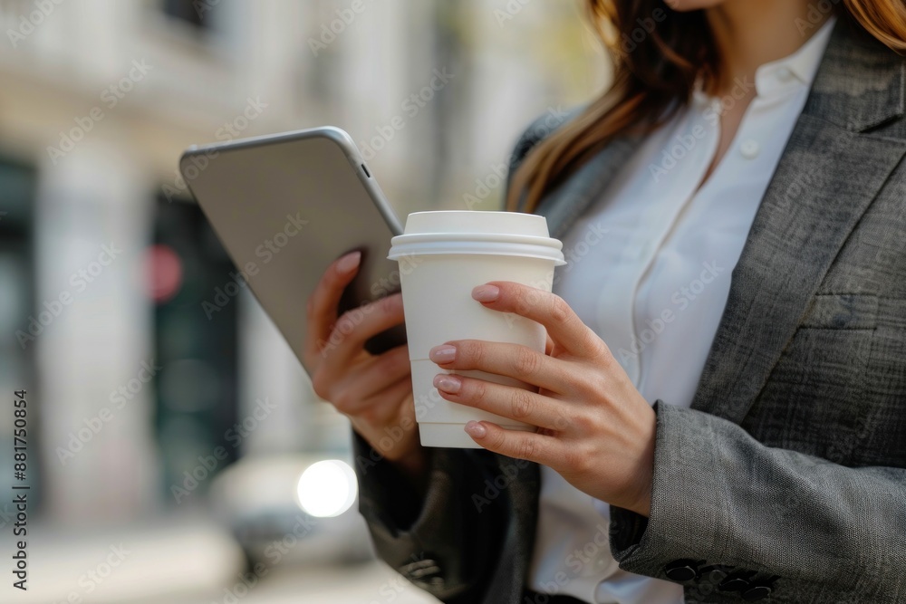 Close-up woman in suit with coffee cup using tablet in city street Close-up woman in suit with coffee cup using tablet in city street