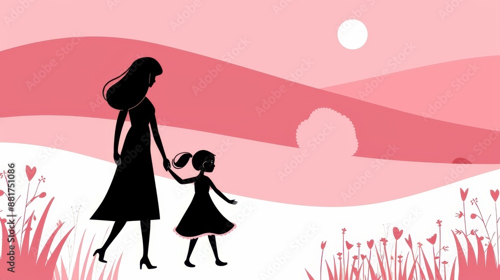 A touching silhouette of a mother and daughter under a pink sky, representing parentchild interactions and the psychology of parenting. A touching silhouette of a mother and daughter under a pink sky, representing parentchild interactions and the psychology of parenting.
