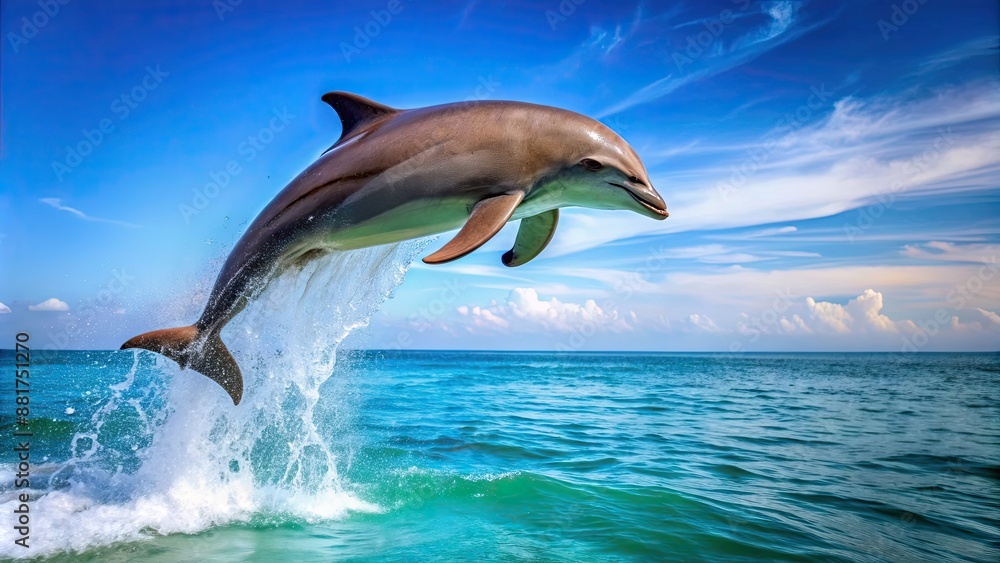 Fototapeta premium Dolphin gracefully leaping out of the water, ocean, marine life, wild, wildlife, playful, intelligent, aquatic, mammal, flipper