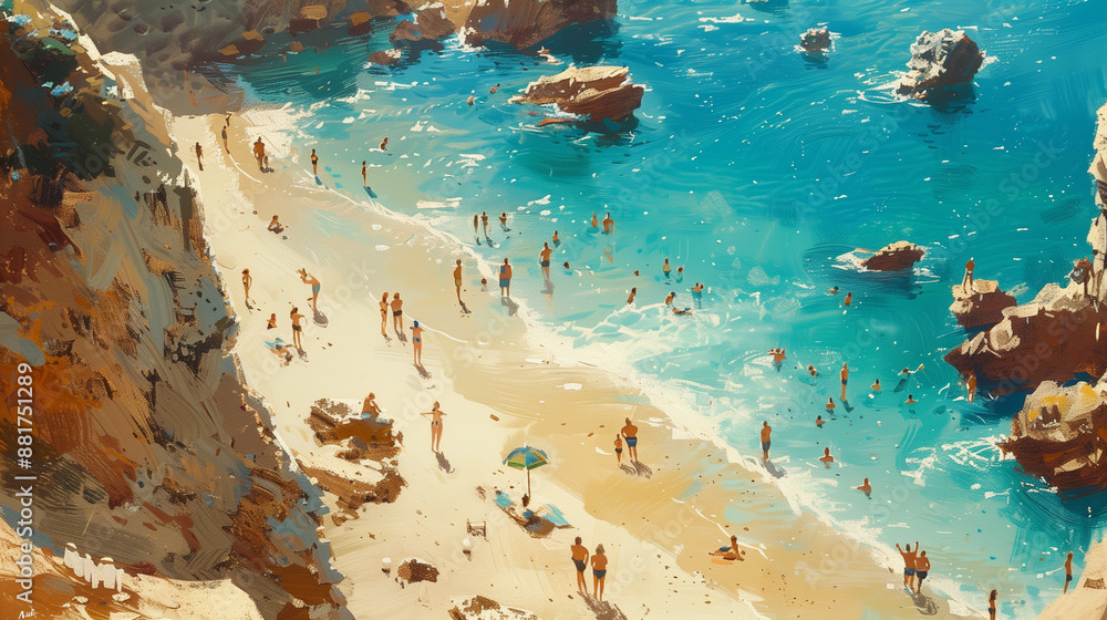Obraz premium Smiling family building sandcastles, waves echoing their joy on a sunny shore. Happy friends at beach party runs to sunset water. Group of friends having fun and dancing on the beach. Spring break. 