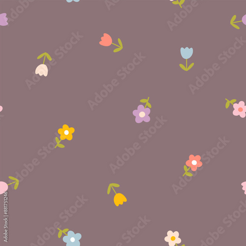 Floral pattern seamless meadow flowers in simple hand drawn cartoon Scandinavian style pastel palette. Childish cute simple minimalistic dark background. For nursery, fabric, baby clothes, wallpaper.